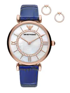 Emporio Armani Women Cream-Coloured & Blue Leather Straps Analogue Watch AR80053