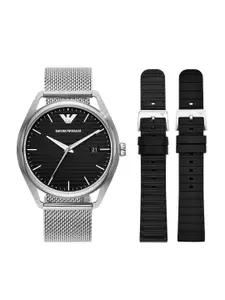 Emporio Armani Men Black Dial & Silver-Toned Bracelet Style Straps Analogue Watch AR80055