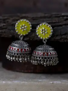Fabstreet Silver-Plated & Yellow Dome Shaped Enamelled Jhumkas Earrings