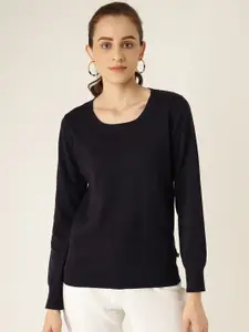 Madame Women Navy Blue Solid Pullover Sweater