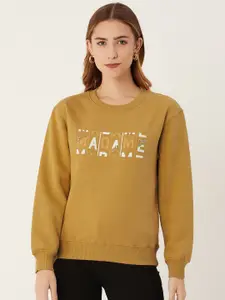 Madame Women Mustard Yellow Brand Logo Printed Sweatshirt