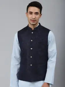 MANQ Men Blue Woven Jaquard Silk Nehru Jacket