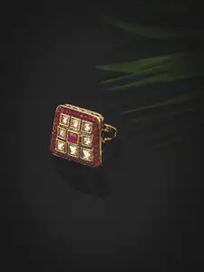 KOLHA-BY CARLTON Gold-Plated & Red Kundan-Studded Enamelled Finger Ring