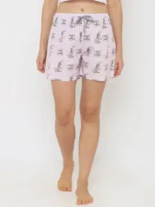 Smugglerz Women Lavender & Grey Tom & Jerry Printed Lounge Shorts