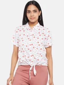 People White & Orange Shirt Style Top With Waist Tie-Up