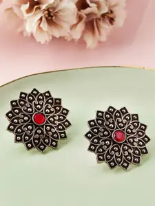 Anouk Silver-Toned & Red Floral Studs Earrings