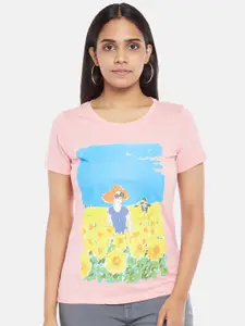 Honey by Pantaloons Women Peach & Yellow Printed T-shirt