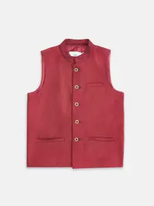 indus route by Pantaloons Boys Maroon Woven Design Waist Coat