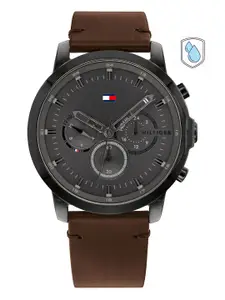 Tommy Hilfiger Men Gunmetal-Toned Dial & Brown Leather Straps Chronograph Watch TH1791799W