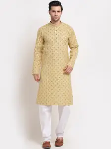 KRAFT INDIA Men Yellow Angrakha Pure Cotton Kurta with Pyjamas