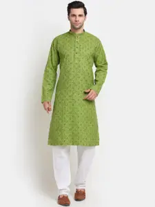 KRAFT INDIA Men Green Angrakha Pure Cotton Kurta with Pyjamas