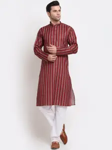 KRAFT INDIA Men Red Striped Regular Pure Cotton Kurta with Pyjamas