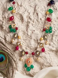 DUGRISTYLE Gold-Toned & Red Copper Gold-Plated Kundan, Pearls, Multi Haar Necklace