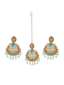 ANIKAS CREATION Gold-Plated & Blue Kundan Pearl Earring & Maangtika Set