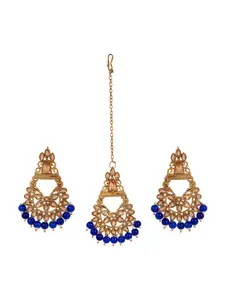 ANIKAS CREATION Gold-Plated & Navy Blue Kundan Pearl Earring & Maangtika Set
