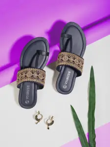 Vishudh Women Navy Blue Embellished Leather Ethnic One Toe Flats