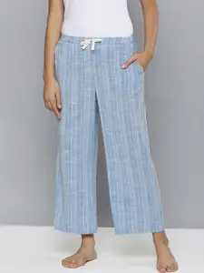 Chemistry Women Blue Striped Cotton Textured Lounge Pants with drawstring