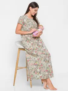 AV2 Women Grey Pure Cotton Floral Printed Maternity Nightdress