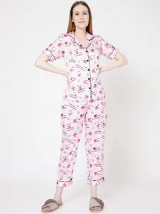 Smarty Pants Women Pink & White Printed Night suit