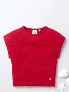 Ed-a-Mamma Girls Red Pure Cotton Self Designed Sustainable Sweater