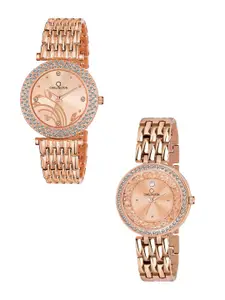 CARLINGTON Women Set of 2 Rose Gold Embellished Stainless Steel Bracelet Style Watch