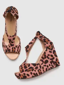 Marc Loire Woman Pink Leopard Printed Suede Wedge Sandals