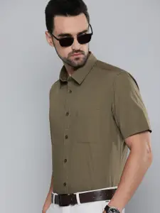 Indian Terrain Men Olive Green Solid Slim Fit Formal Shirt