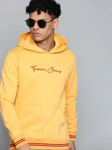 Indian Terrain Men Yellow Solid Hooded Sweatshirt