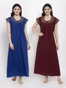 Secret Wish Pack Of 2 Blue & Brown Printed Pure Cotton Maxi Nightdress