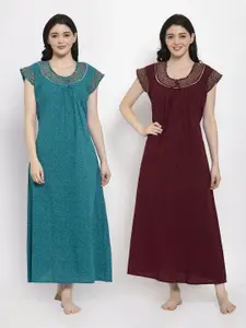 Secret Wish Set-2 Women Turquoise Blue & Brown Printed Maxi Nightdress