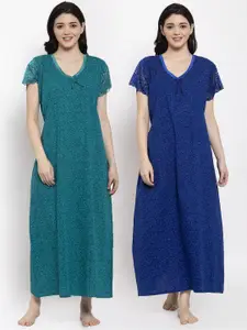 Secret Wish Set-2 Women Turquoise Blue& Blue Printed Maxi Nightdress