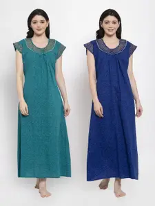 Secret Wish Pack Of 2 Turquoise Blue & Navy Blue Pure Cotton Printed Maxi Nightdress