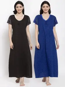 Secret Wish Pack Of 2 Black & Blue Printed Pure Cotton Maxi Nightdress