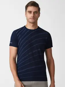 Louis Philippe Sport Men Navy Blue Striped Slim Fit Pure Cotton T-shirt