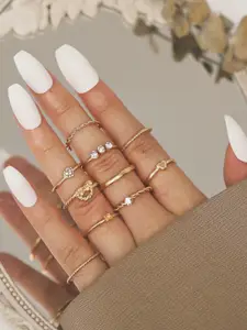 Shining Diva Fashion Set Of 10 Gold-Plated White Stone-Studded  Beaded Finger Rings