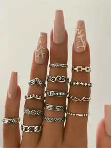 Shining Diva Fashion Set Of 15 Silver-Plated Finger Rings