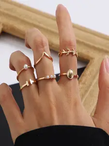 Shining Diva Fashion Set Of 6 Gold-Plated White Beaded Finger Rings