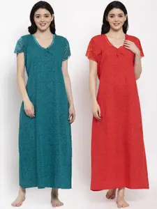 Secret Wish Pack of 2 Turquoise Blue & Red pure Cotton Printed Maxi Nightdress