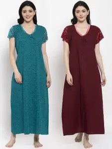 Secret Wish Turquoise Blue Set Of 2 Printed Maxi Nightdress
