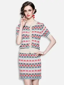 JC Collection Women Pink & Blue Printed Shirt with Skirt