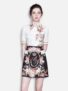 JC Collection Women White & Black Printed Shirt with Skirt Clothing Set