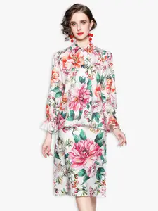 JC Collection Women Multicoloured Floral Printed Shirt with Skirt