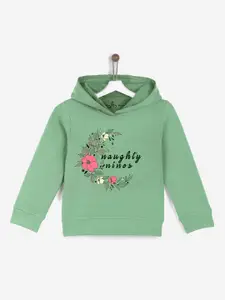 Naughty Ninos Girls Sea Green Printed Hooded Sweatshirt