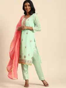 Rajnandini Green & Peach-Coloured Embroidered Unstitched Dress Material