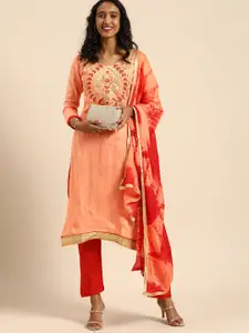 Rajnandini Peach-Coloured & Red Embroidered Glass Cotton Unstitched Dress Material