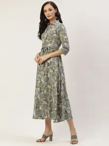 Deewa Grey & White Floral Crepe Midi Dress