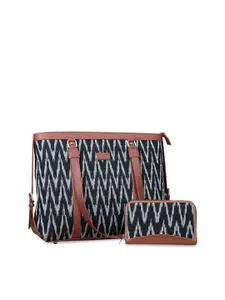 ZOUK Black Ikat Vegan Leather Office Bag with Laptop Compartment and Chain Wallet Combo