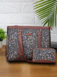 ZOUK Black Beige Printed Vegan Leather Office Bag with Laptop Compartment & Chain Wallet