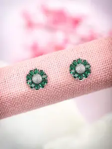 Priyaasi Silver-Toned & Green Contemporary Studs Earrings