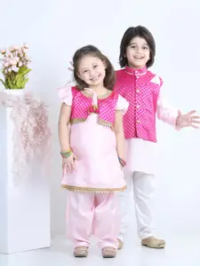 BownBee Girls Pink Solid Kurta & Salwar With Woven Designed Jacket